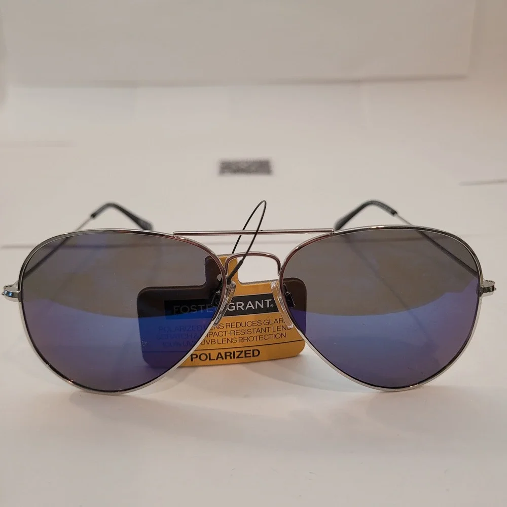 Foster Grant Sunglasses Men Polarized Aviator Silver Blue Mirrored‎ SR1124 FF09